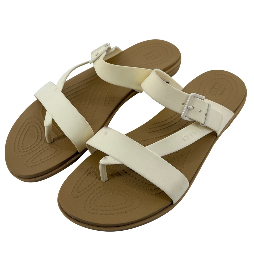 Crocs Tulum Toe Post Sandal White Tan Women 11 Strappy Slip On Flip Flop New